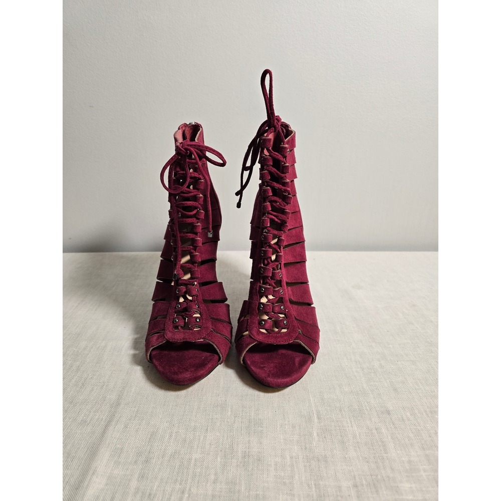 Vince Camuto Womens Heels Burgundy Suede Cutout Lace Up Peep Toe Fionna Size 9 - Picture 2 of 6